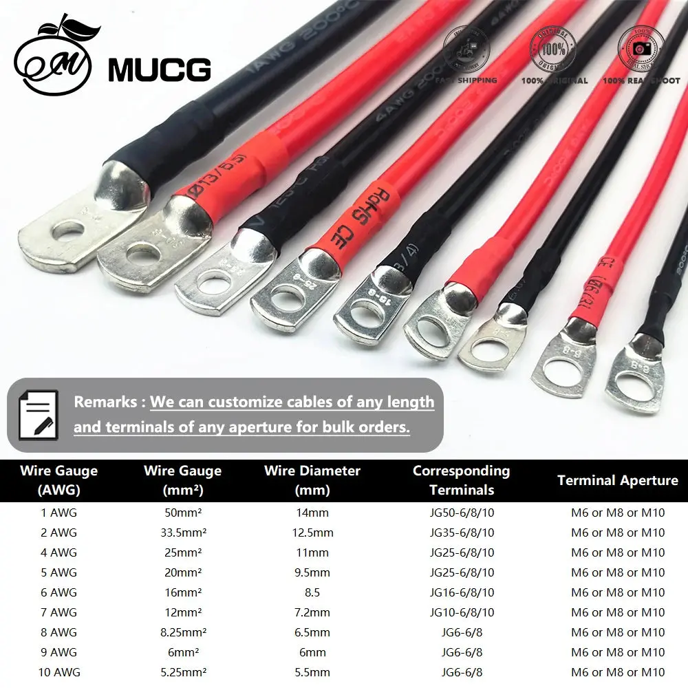 Black M6-M8 Very Soft Car Battery Cable Silicone Wire With Lug Ring Terminal Cable Black Red 5Awg 6Awg 7Awg 8Awg 6