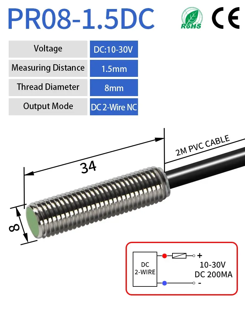 Gtric M8 Inductive Proximity Sensor Switch 12-24V Dc Short Type Flush Pr08-1.5Dn Pr08-1.5Dp Npn Pnp 1.5Mm Sensing Distance 1