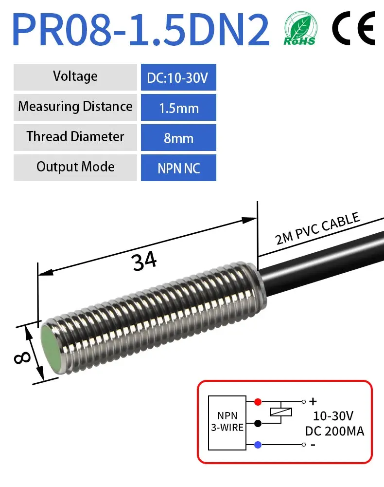 Gtric M8 Inductive Proximity Sensor Switch 12-24V Dc Short Type Flush Pr08-1.5Dn Pr08-1.5Dp Npn Pnp 1.5Mm Sensing Distance 2