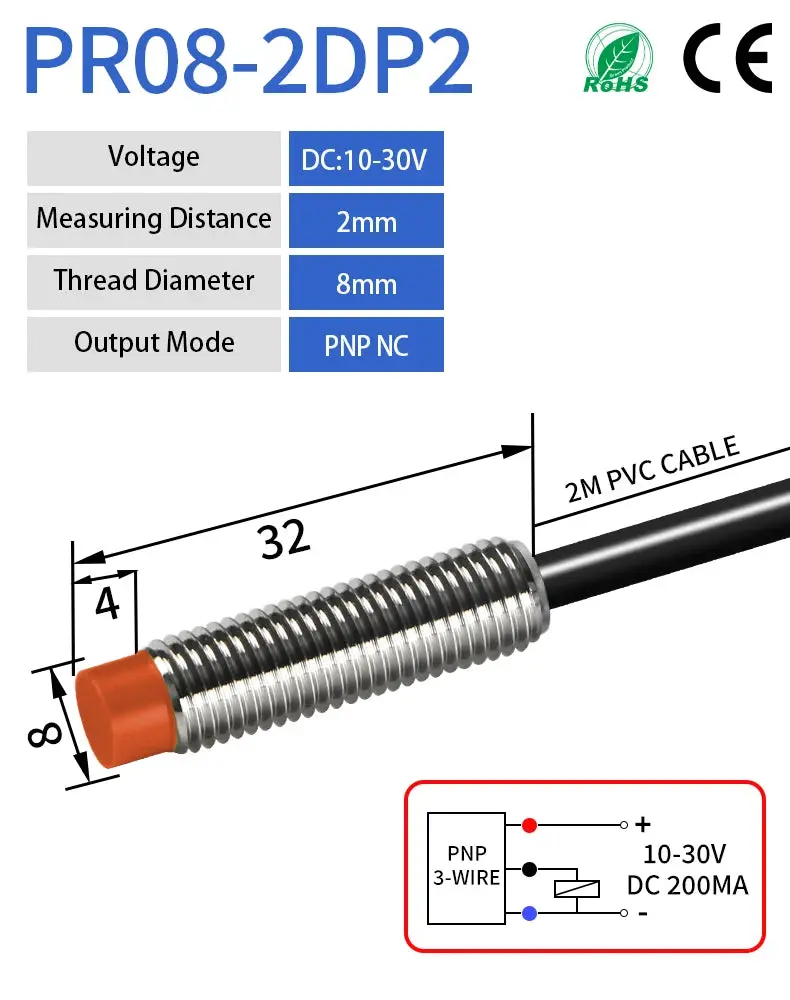Gtric Pr08 Inductive Proximity Sensor Switch M8 Short Type 12-24V Dc Non-Flush Pr08-2Dn Pr08-2Dp Npn Pnp 2Mm Sensing Distance 3