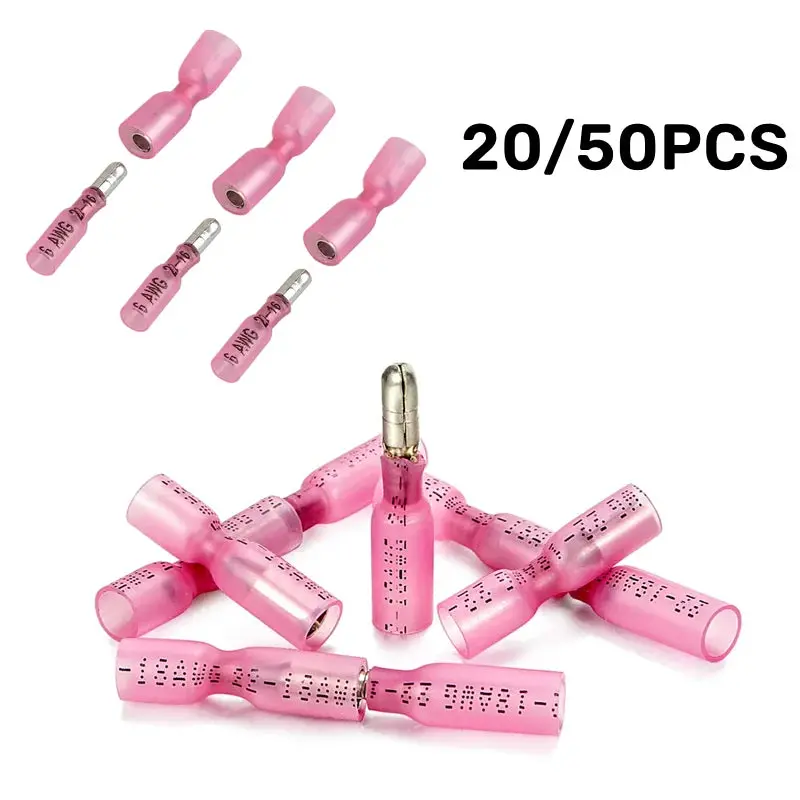 20/50Pcs Heat Shrink Wire Terminals Female Male Bullet Waterproof Insulated Butt Solder Splice Cable Elelctrical Connectors Red 1