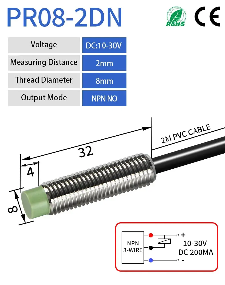 Gtric Pr08 Inductive Proximity Sensor Switch M8 Short Type 12-24V Dc Non-Flush Pr08-2Dn Pr08-2Dp Npn Pnp 2Mm Sensing Distance 2