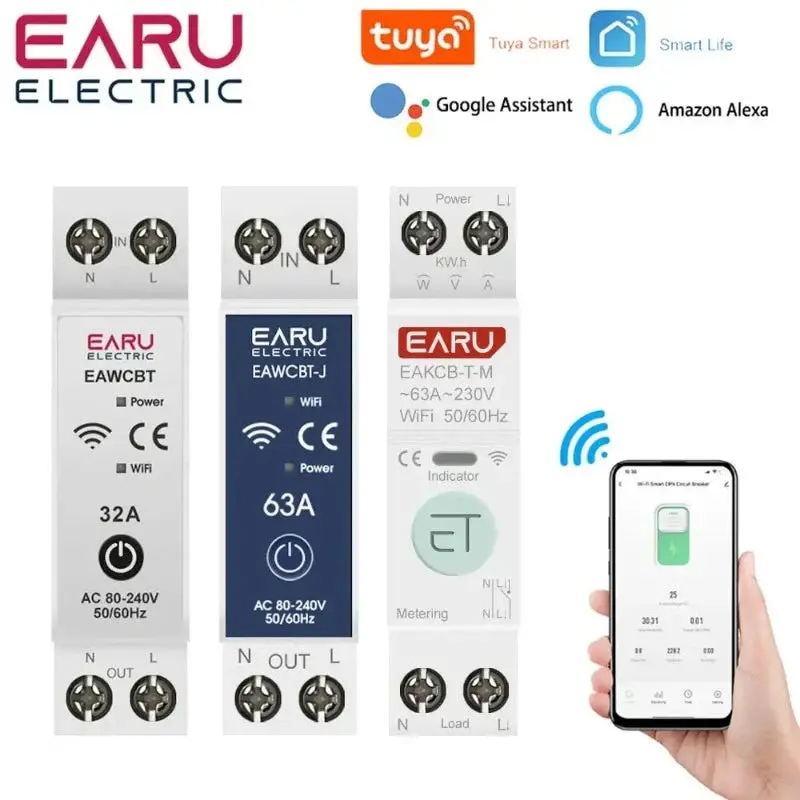 Tuya Wifi Smart Circuit Breaker Mcb 1P+N 63A Timer Power Energy Kwh Voltage Current Meter Protector Voice Remote Control Switch 1