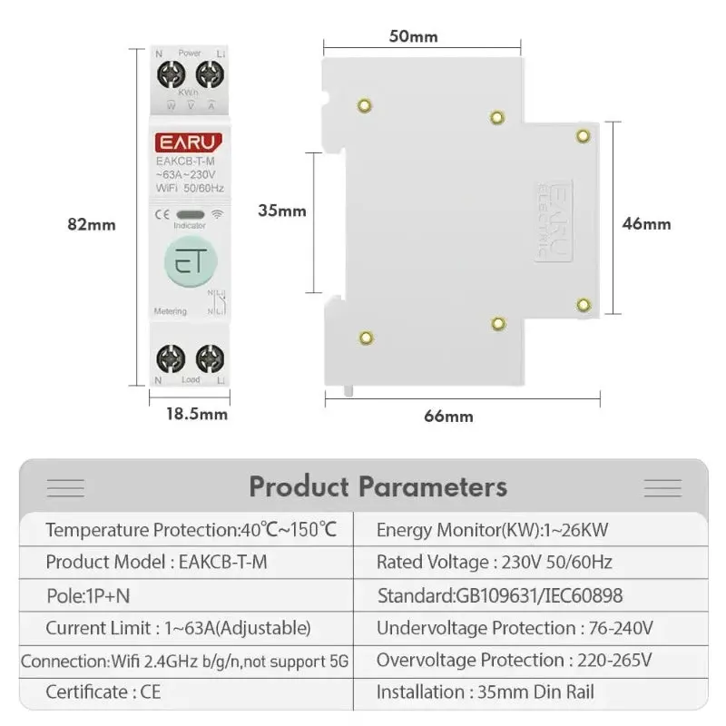 Tuya Wifi Smart Circuit Breaker Mcb 1P+N 63A Timer Power Energy Kwh Voltage Current Meter Protector Voice Remote Control Switch 2