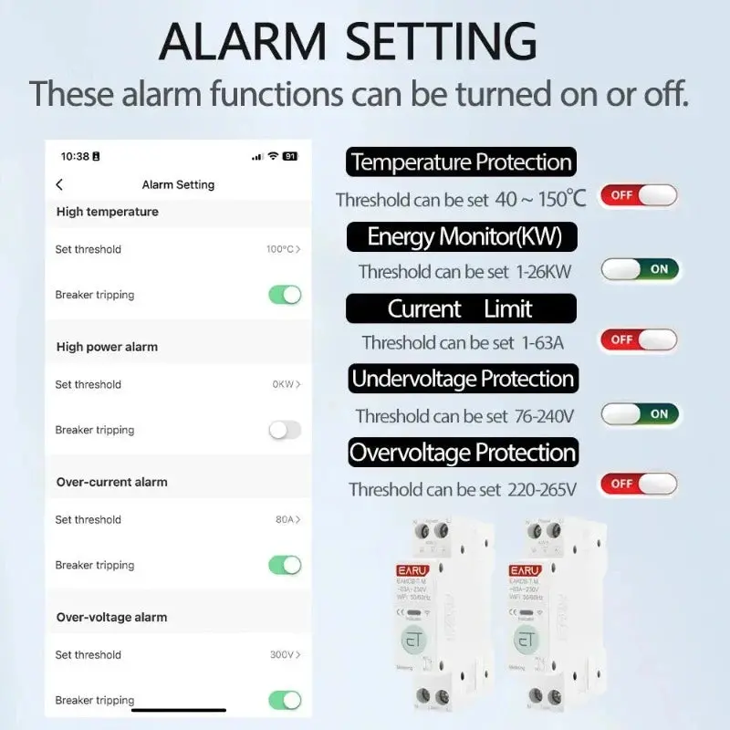 Tuya Wifi Smart Circuit Breaker Mcb 1P+N 63A Timer Power Energy Kwh Voltage Current Meter Protector Voice Remote Control Switch 4