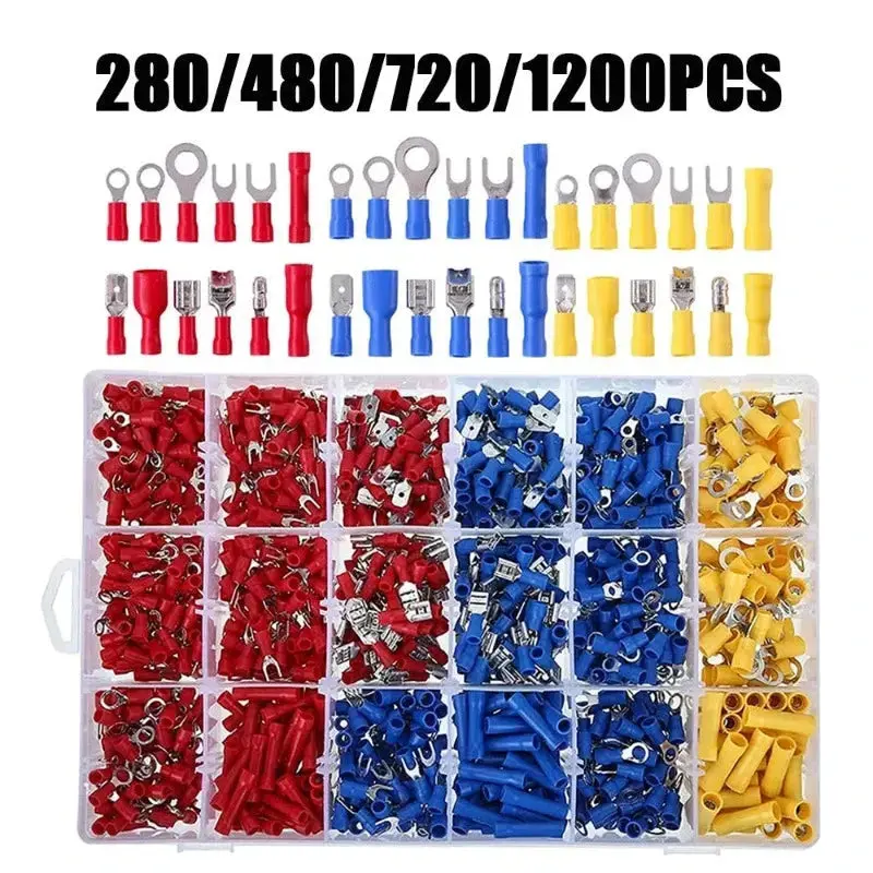 Wozobuy  Insulated Cable Connector Electrical Wire Crimp Spade Butt Ring Fork Set Ring Lugs Rolled Terminals Assorted Kit 1