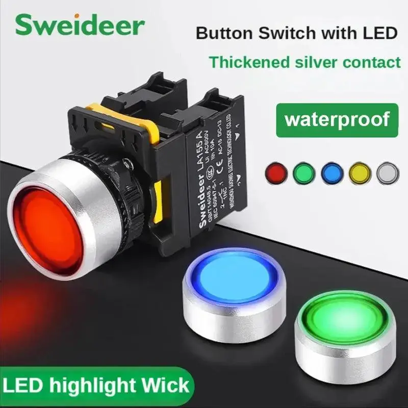 Waterproof Button Switch With Led 22Mm Momentary Reset Self Locking Power Push Button Switch With Light 12V 24V 220V 10A 1No 2