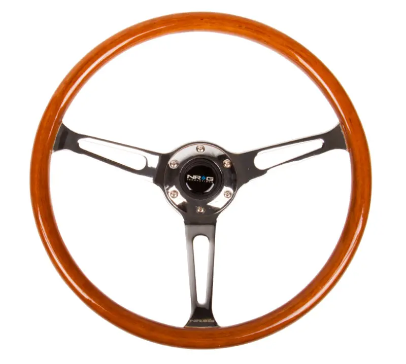 Nrg Reinforced Steering Wheel (360Mm) Classic Wood Grain W/Chrome Cutout 3-Spoke Center 2