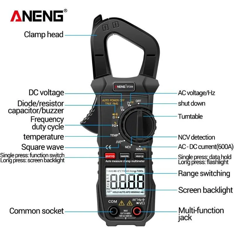 Aneng- St209| 6000 Counts True Rms Amp Dc/Ac Current Clamp Tester Meters 3