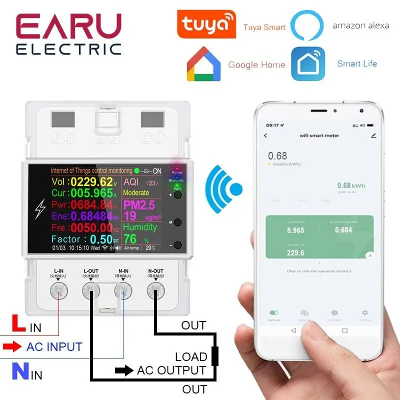 At4pw 100A Tuya Wifi Din Rail Smart Switch Remote Control Ac 220V 110V Digital Power Energy Volt Amp Kwh Frequency Factor Meter 1