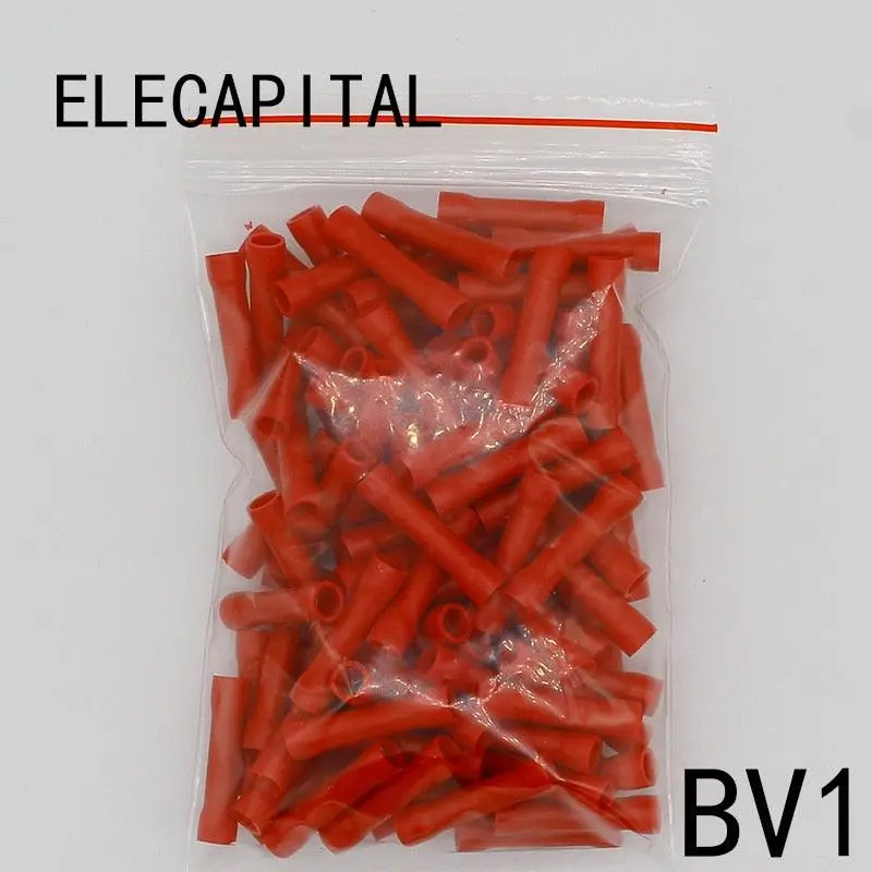 Bv1 Bv1.25 Full Insulating Wire Connector Wire Connector Butt Connectors Crimp Electrical Wire Splice Terminal 100Pcs/Pack Bv 1