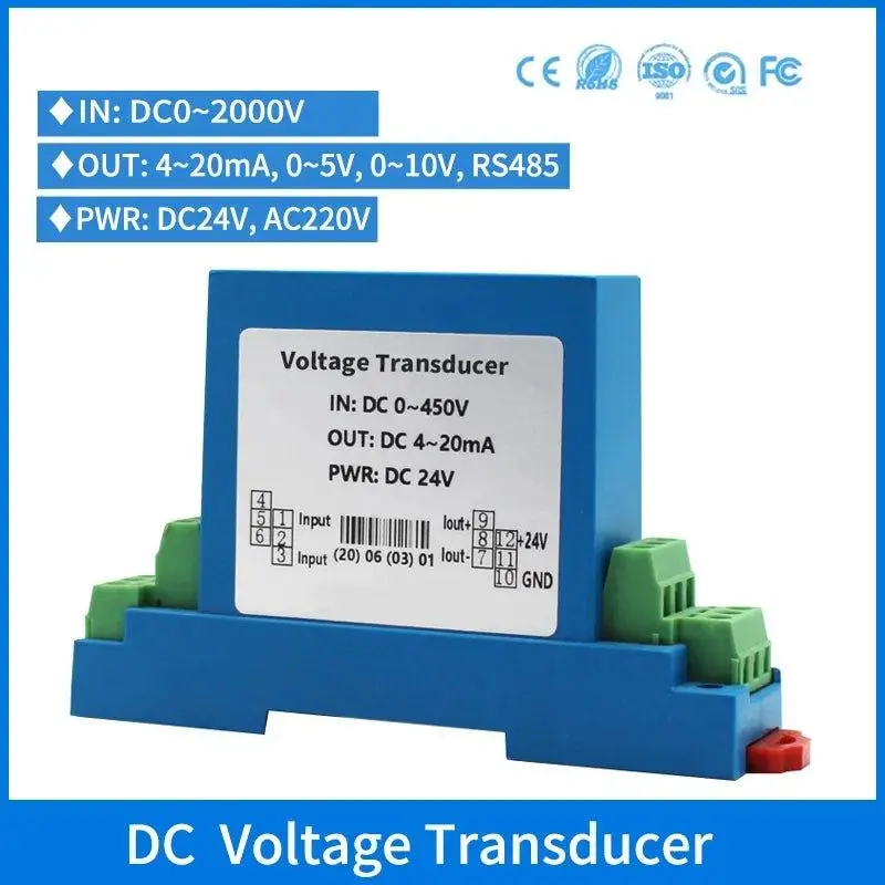 Dc12v Powered 75Mv 1000V 1500V Dc Voltage Transducer Hall Voltage Sensor Rs485 1