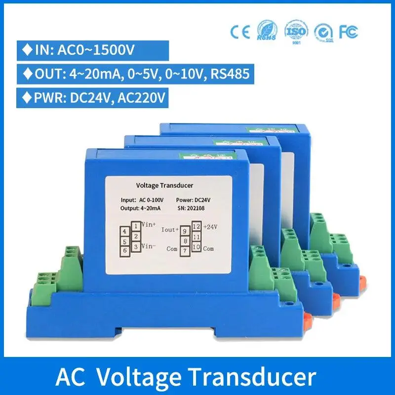 Dc24v Powered Single Phase Ac Voltage Transmitter 0-1500V  Output 0-5V 4-20Ma 1