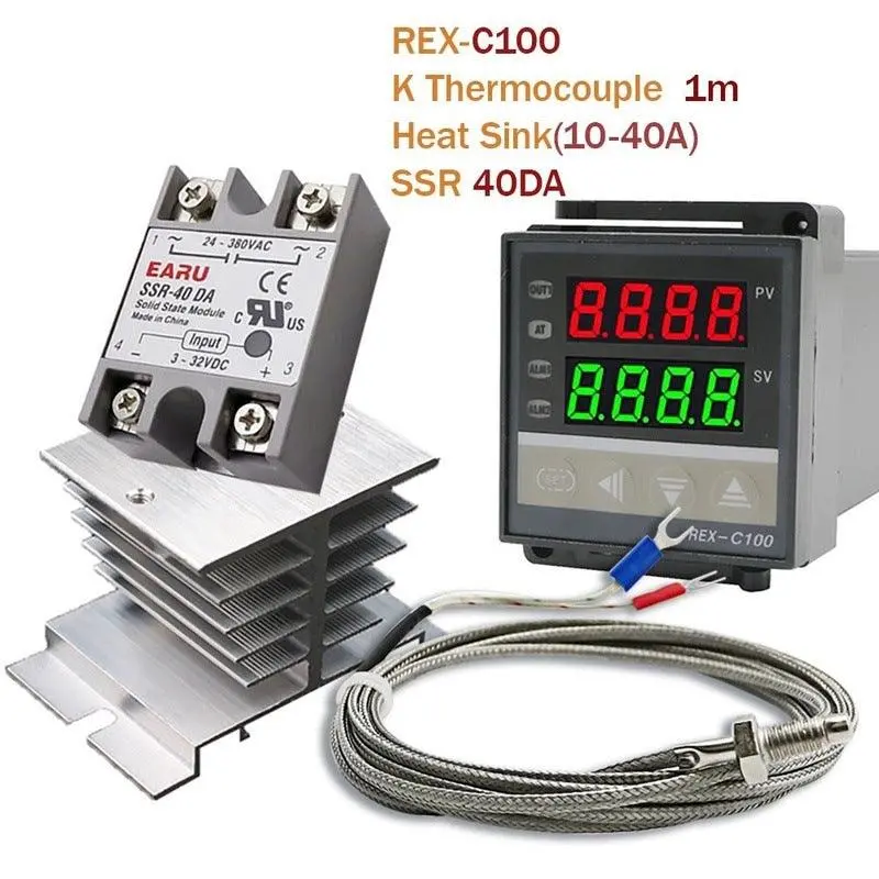 Digital Pid Temperature Controller Thermostat Rex-C100 + Max 40A Ssr Ssr-40Da Relay + K Thermocouple M6 1M Probe With Heat Sink 1