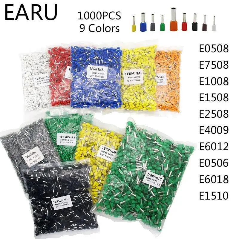 1000Pcs/Pack E0508 E7508 E1008 E1508 E2508 Insulated Ferrules Terminal Block 1