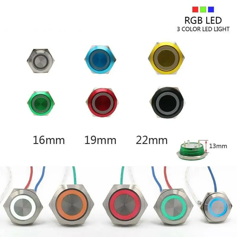 Earu-16/19/22Mm 3 Triple Color Rgb Led Momentary Self-Reset Metal Waterproof Power Button 1