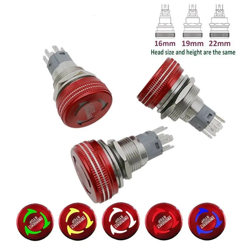 Earu- 16/19/22Mm Mushroom Metal Emergency Stop Push Button Switch With Led 1