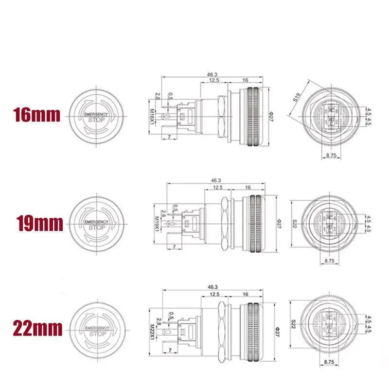 Earu- 16/19/22Mm Mushroom Metal Emergency Stop Push Button Switch With Led 10