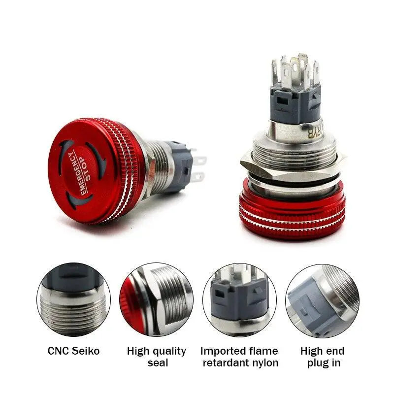 Earu- 16/19/22Mm Mushroom Metal Emergency Stop Push Button Switch With Led 12