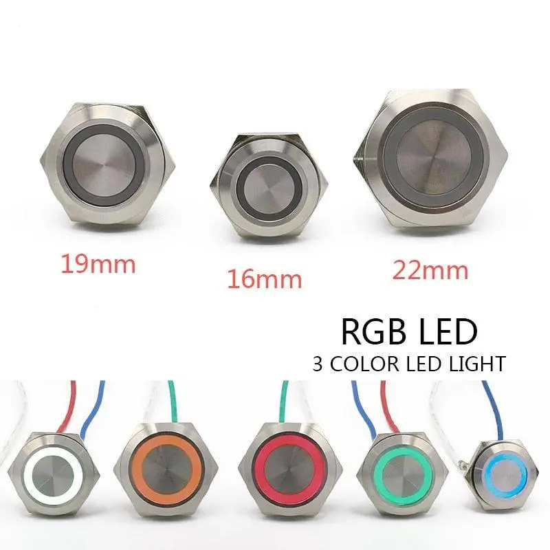 Eaur- 12-30Mm 3 Triple Color Rgb Led Light Mirco Switch Momentary Metal Push Button 1