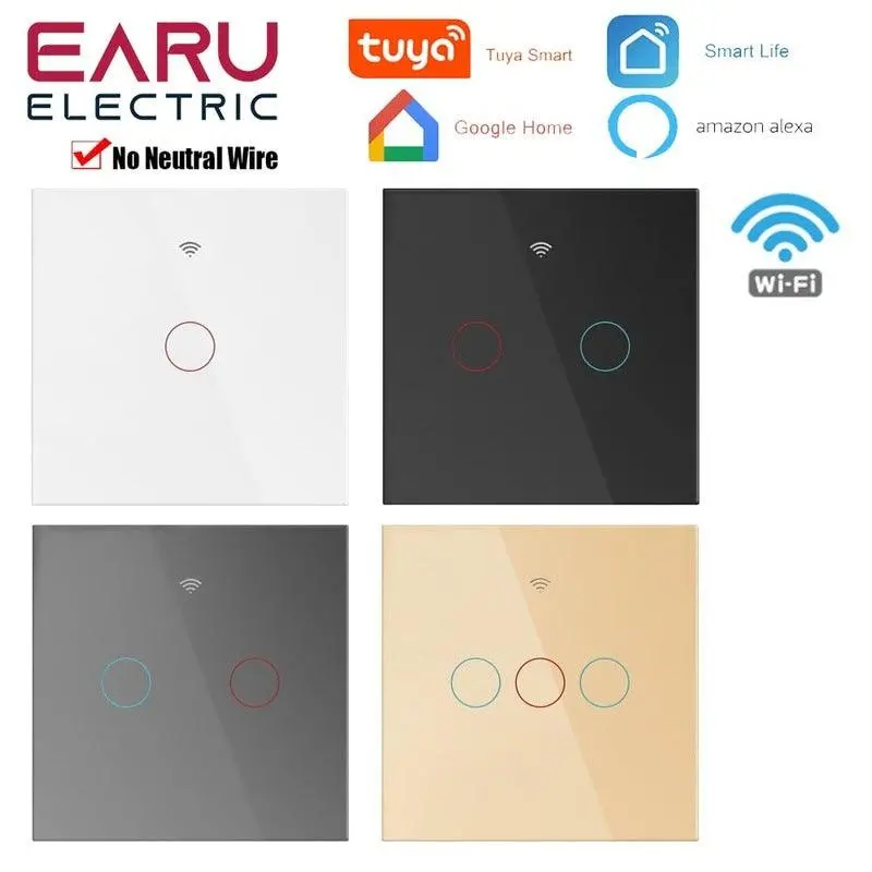 Eu Tuya Wifi Smart Light Switch With Glass Panel, Touch Sensor Smart Wall Switch With No Neutral Wire, Google Home 1