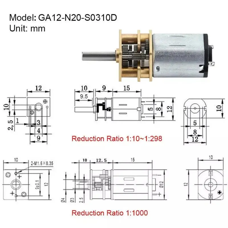 Ga12 N20 Dc 12V (Support 6V 3V) Mini Gear Dc Motor 30-4000 Rpm Bracket Encoder 2