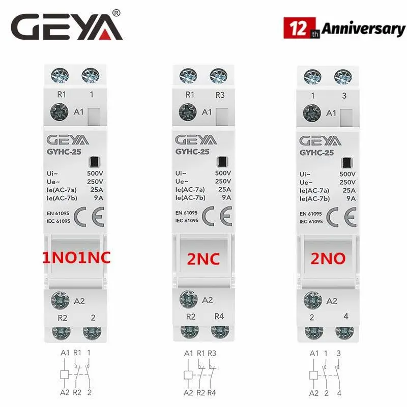 Geya Din Rail Mounted Household Modular Ac Contactor For Smart Home House Hotel Ac220v 2P 16A 20A 25A 2Nc 2No 1No1nc 50/60Hz 1