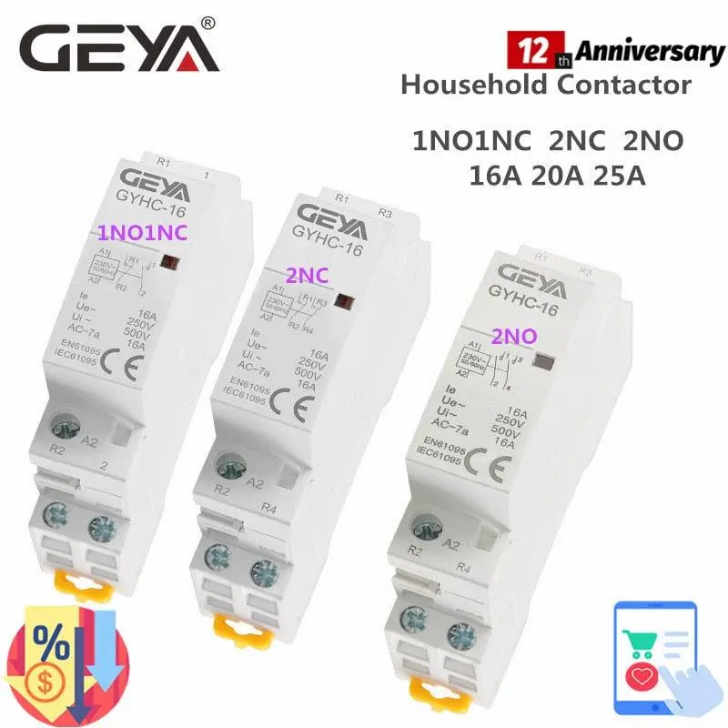 Geya Din Rail Type Household Modular Contactor 2P 16A  20A 25A 2Nc 2No 1No1nc 50/60Hz Automatic Ac Contactor 1