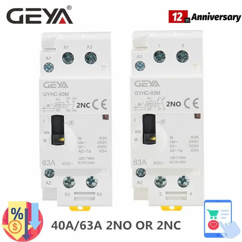 Geya Gyhc 2P 40A 63A 2No Or 2Nc Manual Household Modular Din Rail Ac Contactor  Ac220v 230V Manual Control 1