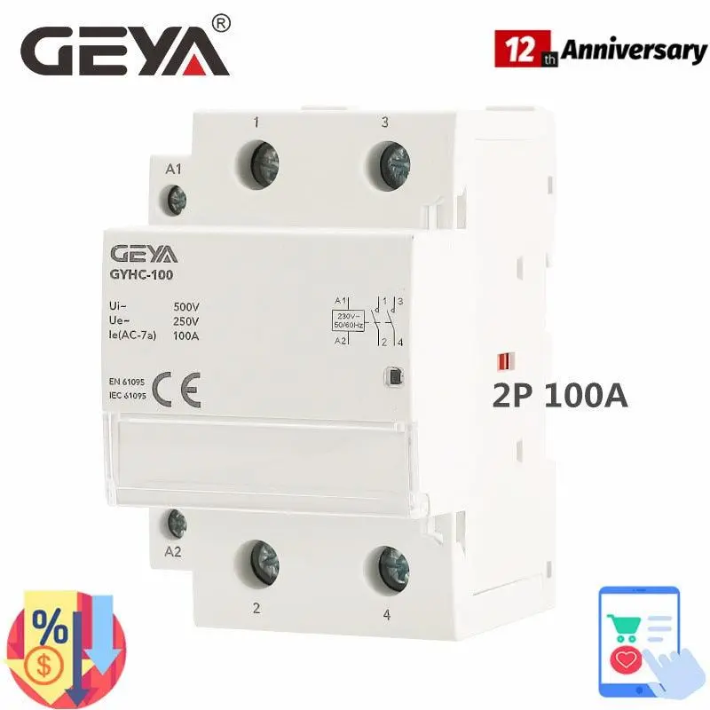 Geya Gyhc 2Pole 100A Ac 220V 230V 50/60Hz Din Rail Household Ac Modular Contactor Switch Controller Home Hotel Use 1