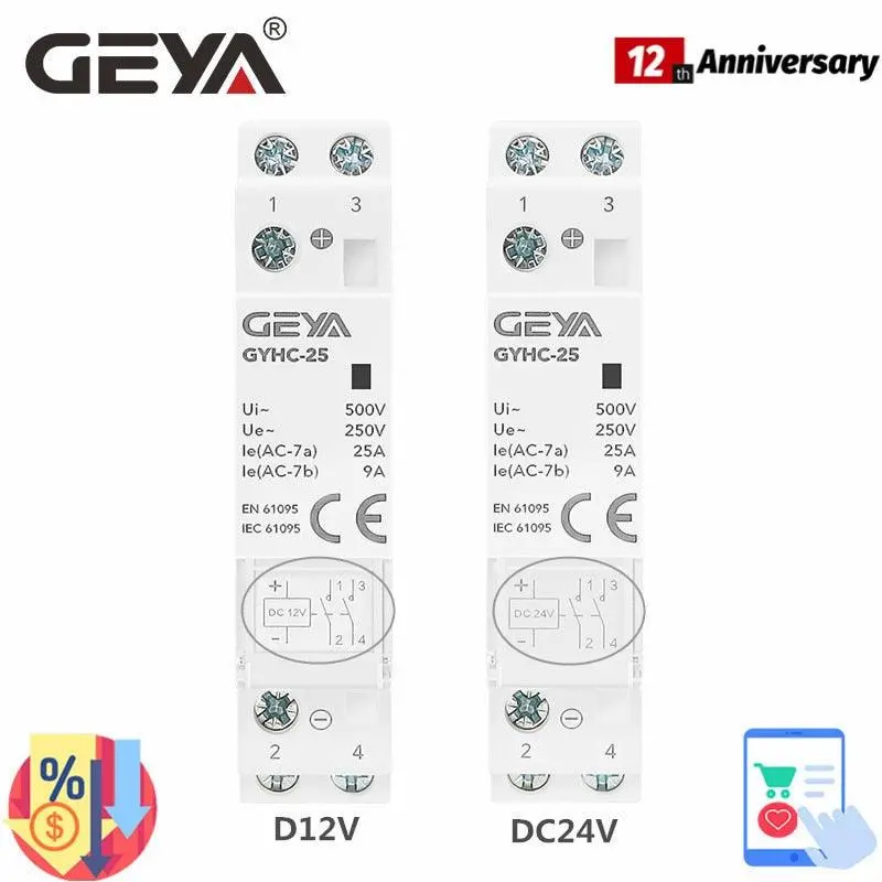 Geya Gyhc Contactor Dc12v Dc24v Coil Voltage 25A 2No 2Nc 1No1nc 50/60Hz Ac220v Main Voltage 1