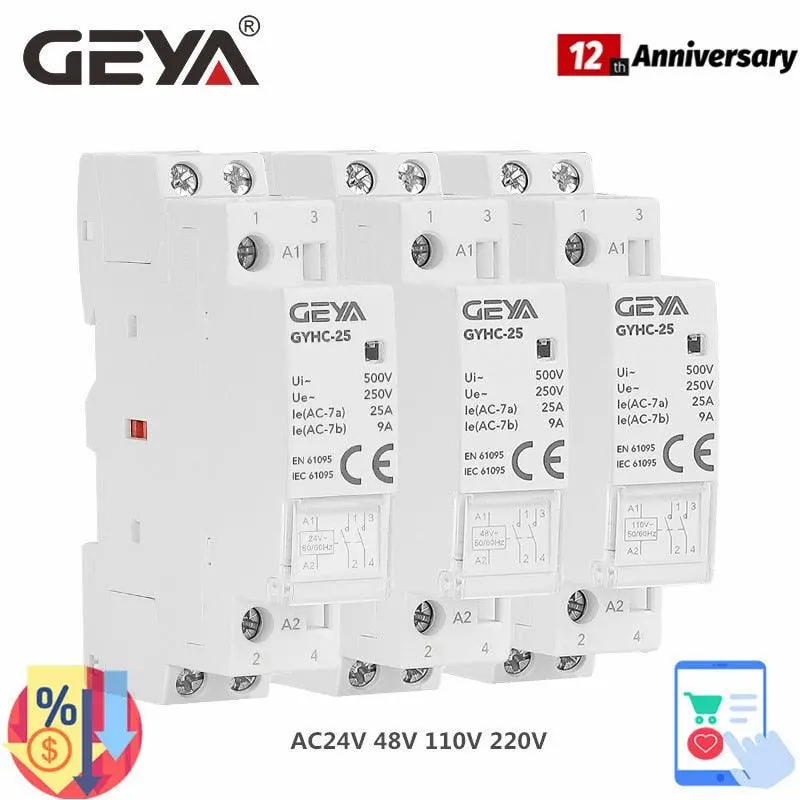 Geya Gyhc Din Rail Household Contactor Ac24v 48V 110V 220V 2P 25A 2Nc 2No 1No1nc 50/60Hz 1