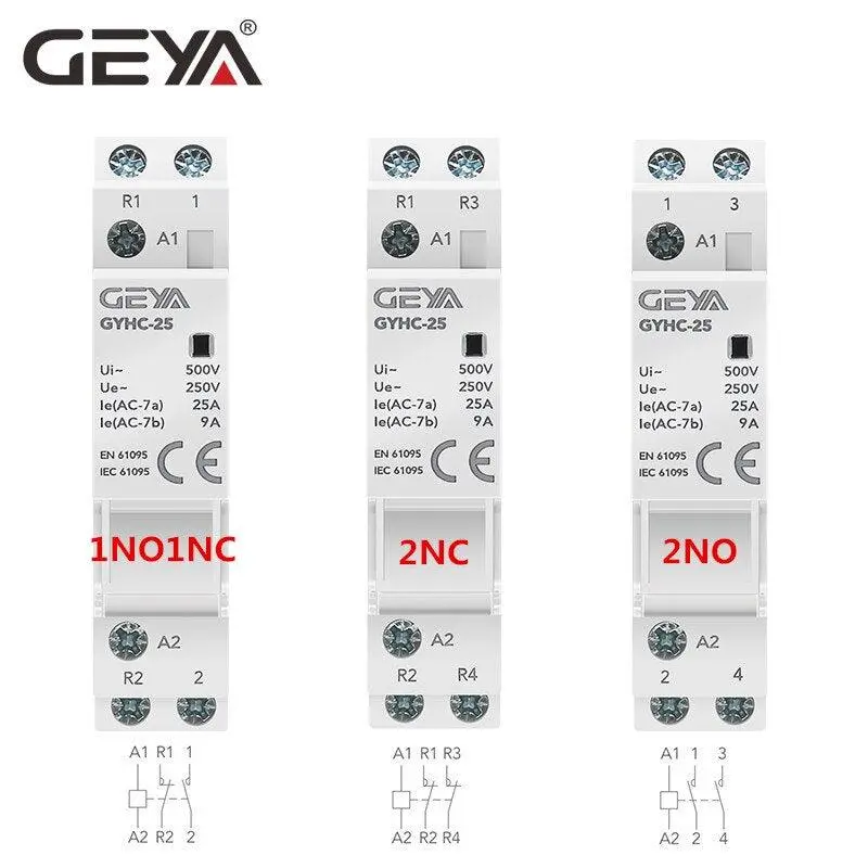 Geya Household Modular Ac Contactor Ac220v 2P 16A 20A 25A 1No 1Nc 2No 2Nc 1No1nc Auxiliary Contactor 1