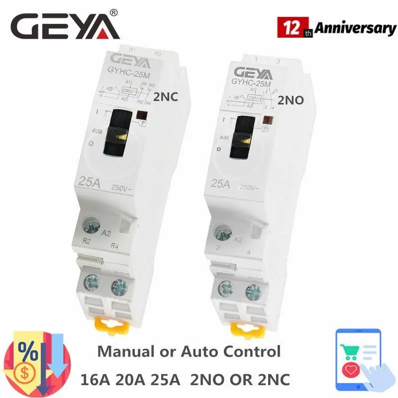 Geya Manual Control Household Contactor Din Rail Type Modular Contactor 2P 16A 20A 25A 2No Or 2Nc 220V 1