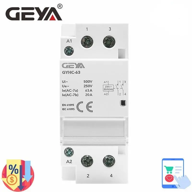 Geya Modular Contactor 2P 40A 63A 2No Or 2Nc Or 1No1nc Din Rail Mounting Ac220v 230V Automatic 1