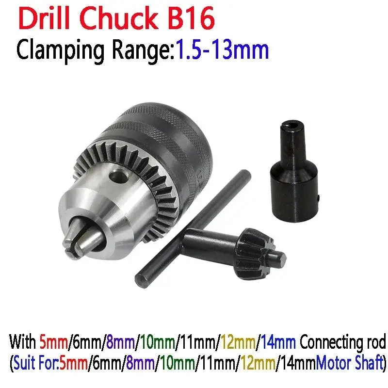 Hot Sale Key Type 1.5-13Mm Capacity B16 Tapered Bore Drill Chuck With 5Mm/6Mm/8Mm/10Mm/11Mm/12Mm/14Mm Motor Shaft Coupler Rod 1