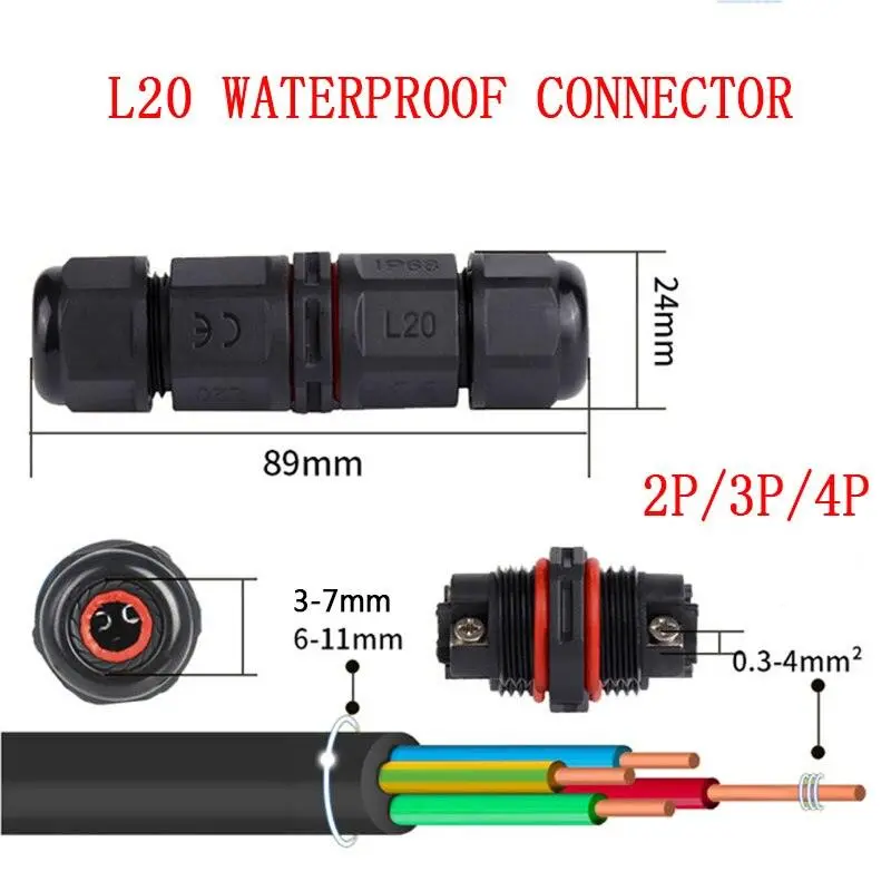 Ip68 Waterproof Connector I-Type L20 2/3/4 Pin Electrical Terminal Adapter Wire Connector 1