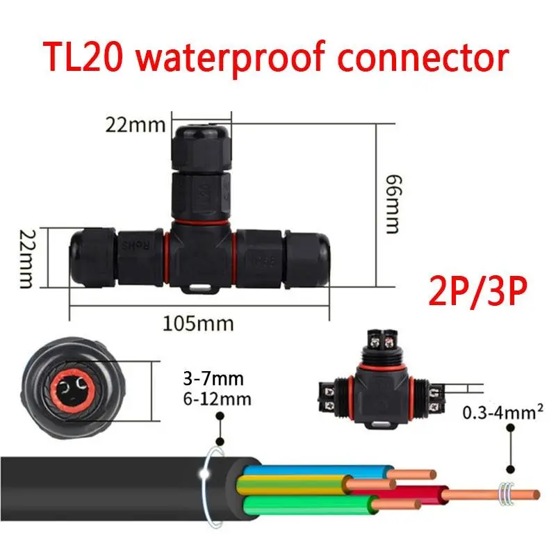 Ip68 Waterproof Connector T-Type Tl20 2/3 Pin Electrical Terminal Adapter Wire Connector 1