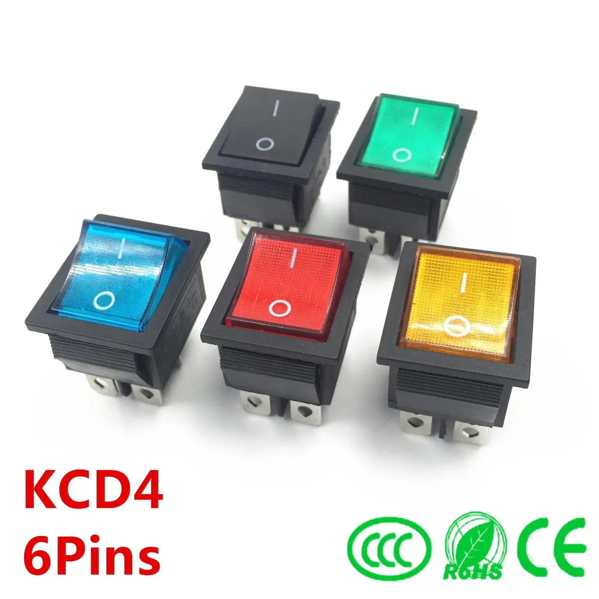 Latching Rocker Switch Power Switch I/O 6 Pins With Light 16A 250Vac 20A 125Vac Kcd4 Green Red Yellow Blue Black Boat Dpst 1