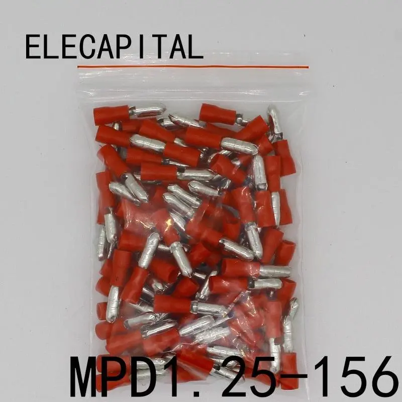 Mpd1.25-156 Mpd1-156 100Pcs Bullet Shaped Male Insulating Joint Wire Connector Electrical Crimp Terminal Awg22-16 Mpd 1