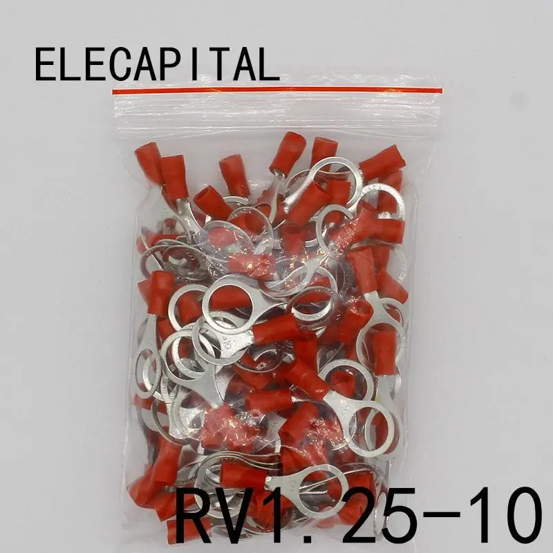 Rv1.25-10 Red 22-16 Awg 0.5-1.5Mm2 Insulated Ring Terminal Connector Cable Wire Connector 100Pcs/Pack Rv1-10 Rv 1