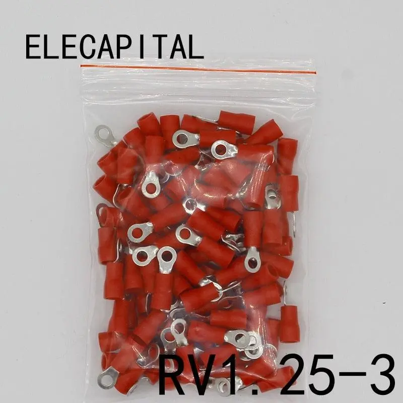 Rv1.25-3 Red Ring Insulated Wire Connector Electrical Crimp Terminal Rv1.25-3 Cable Wire Connector 100Pcs Rv1-3 Rv 1