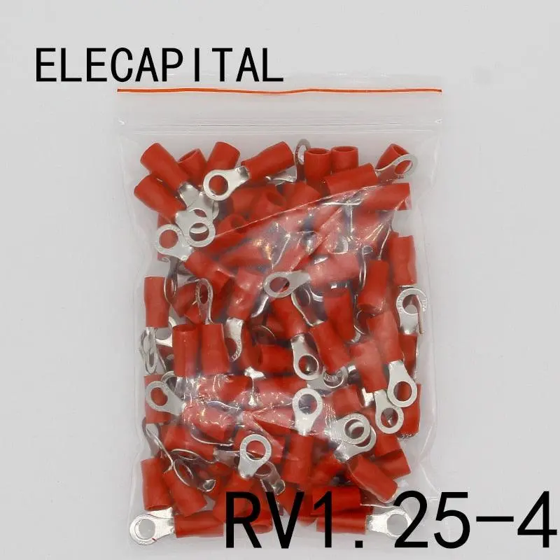 Rv1.25-4 Red Ring Insulated Wire Connector Electrical Crimp Terminal Rv1.25-4 Cable Wire Connector 100Pcs Rv1-4 Rv 1