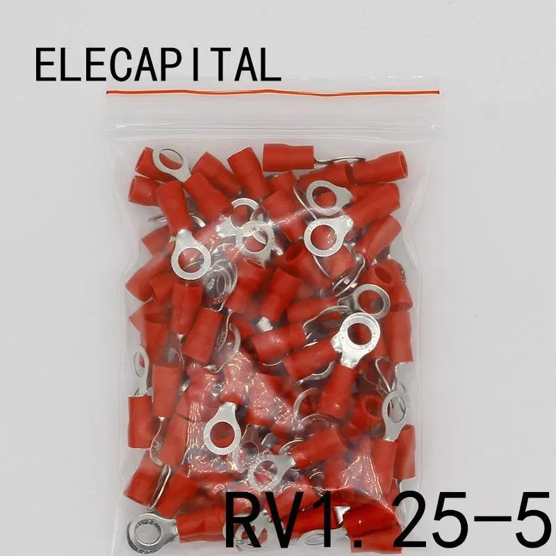 Rv1.25-5 Red Insulated Crimp Ring Terminal Cable Wire Connector 100Pcs/Pack Rv1-5 Rv 1