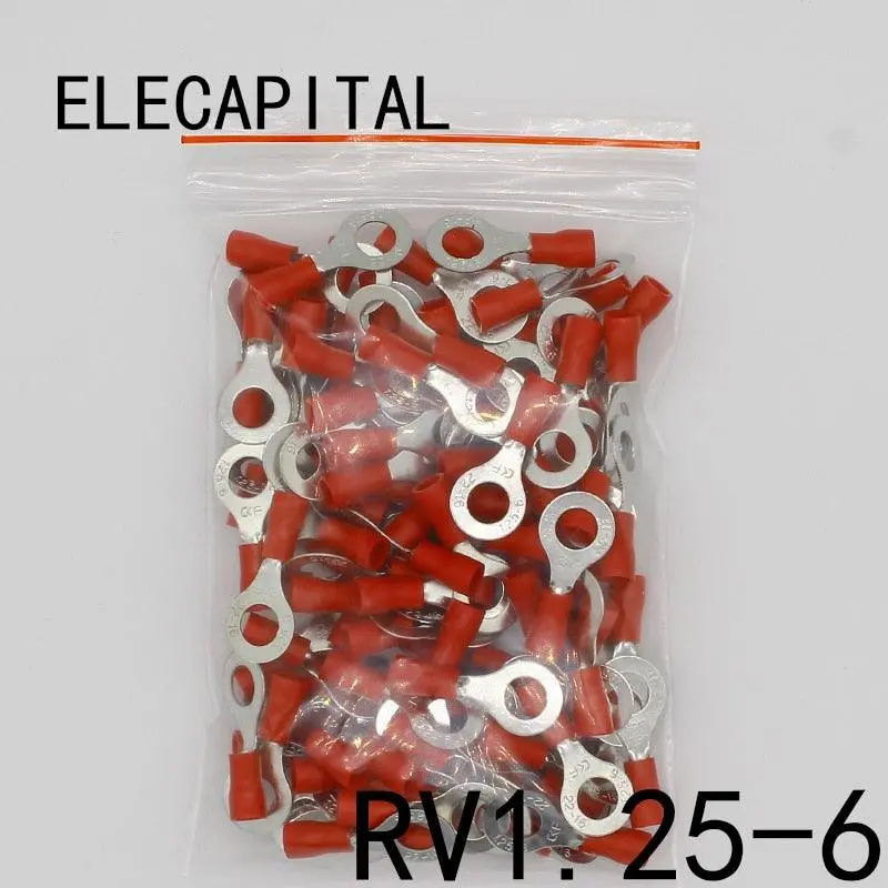Rv1.25-6 Red 22-16 Awg 0.5-1.5Mm2 Insulated Ring Terminal Connector Cable Wire Connector 100Pcs/Pack Rv1-6 Rv 1