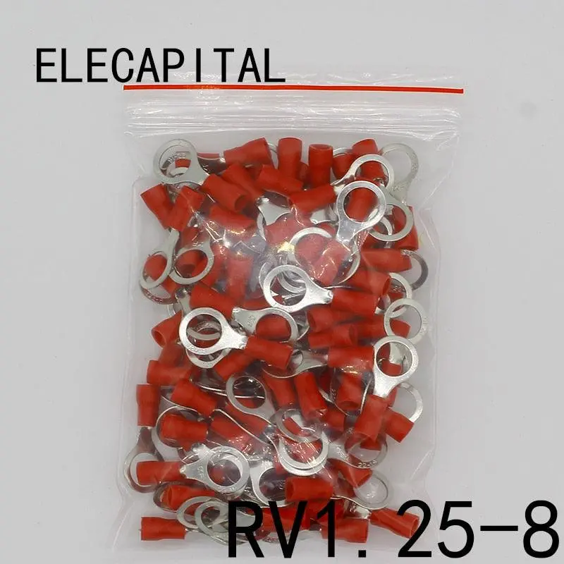 Rv1.25-8 Red Circular 22-16 Awg 0.5-1.5Mm2 Insulated Ring Terminal Connector Cable Wire Connector 100Pcs/Pack Rv1-8 Rv 1