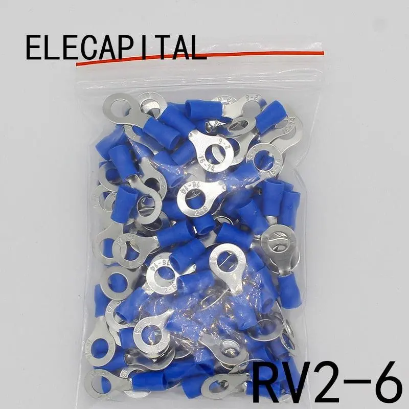 Rv2-6 Blue Ring Insulated Terminal Cable Wire Connector 100Pcs/Pack Suit 1.5-2.5Mm Electrical Crimp Terminal Rv2.5-6 Rv 1