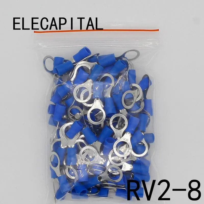 Rv2-8 Blue Ring Insulated Terminal Cable Wire Connector 100Pcs/Pack Suit 1.5-2.5Mm Cable Electrical Crimp Terminal Rv2.5-8 Rv 1