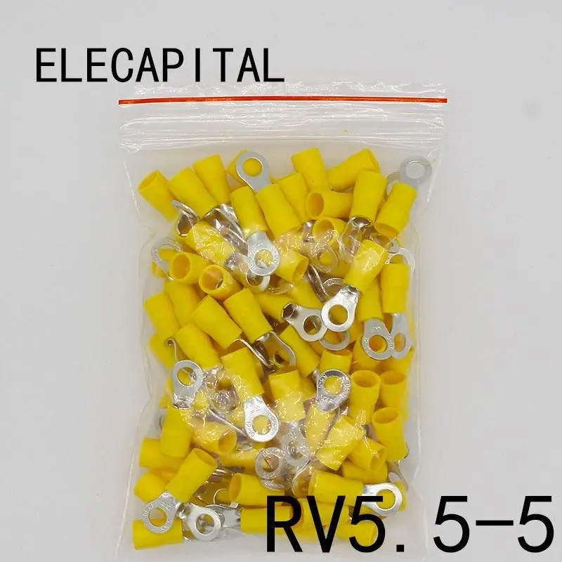 Rv5.5-5 Yellow Ring Insulated Terminal Cable Crimp Terminal 100Pcs/Pack Suit 4-6Mm2 Cable Wire Connector Rv5-5 Rv 1