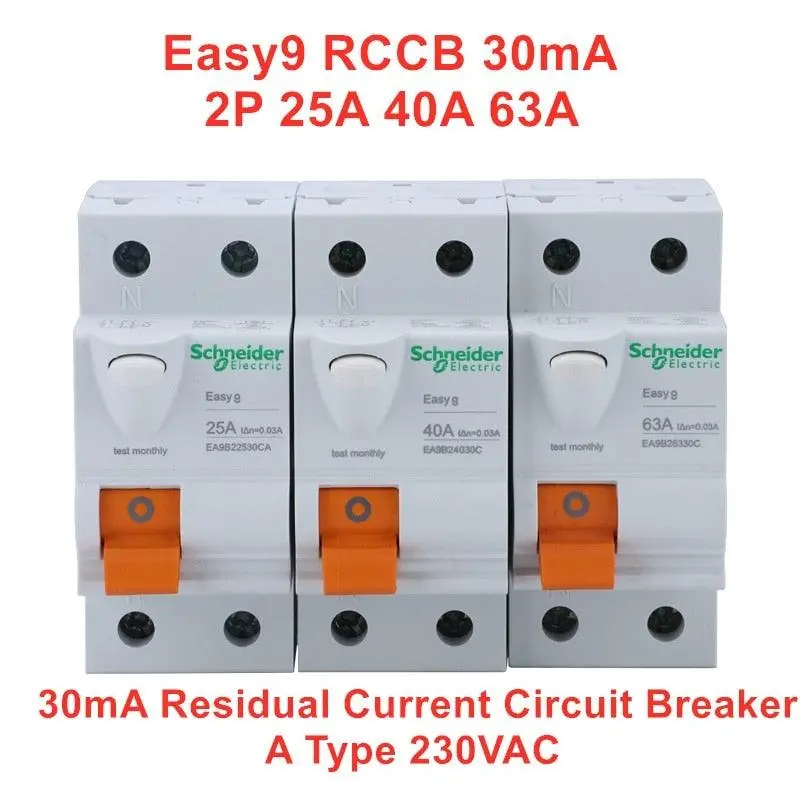 Schneider Electric Easy9 Rccb 2P 25A 40A 63A 30Ma Residual Current Circuit Breaker A Type 1